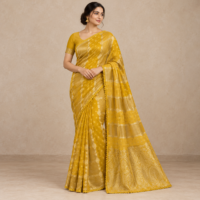 Model wearing a mustard-yellow georgette saree with gold bands, paisley pallu and matching blouse.