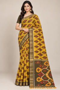 Model wearing a mustard-gold cotton semi Patola saree with an olive patterned pallu draped over her arm.