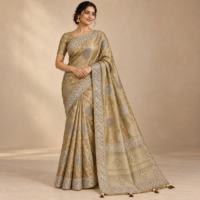 Model wearing a champagne-gold saree with silver paisley motifs, an embellished border and a tasselled pallu.
