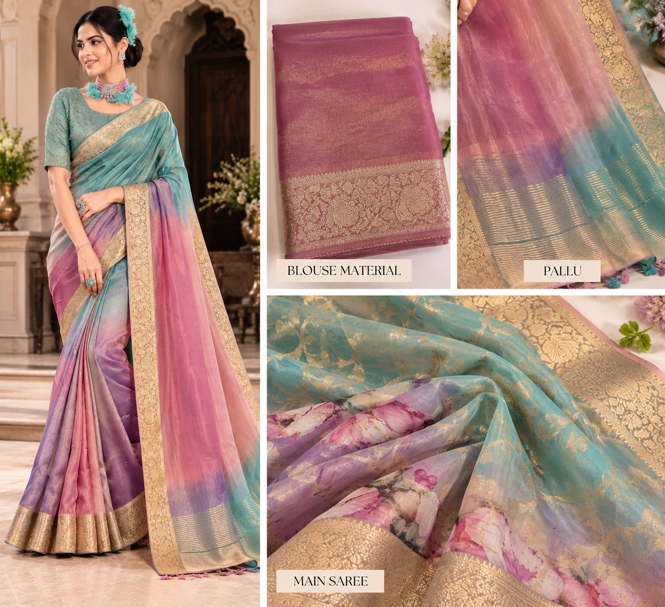 Premium Multicolour Ombre Organza Silk Saree with Golden Zari Border - Image 2