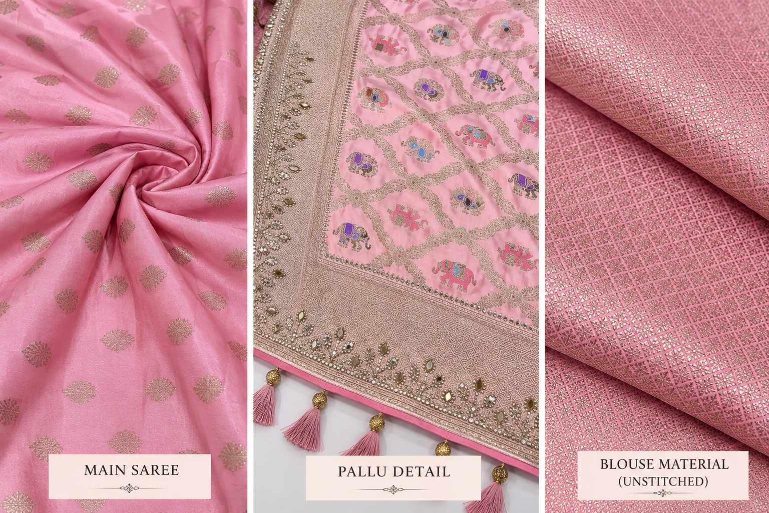 Baby Pink Fancy Silk Saree with Zari & Multicolour Motifs - Image 2