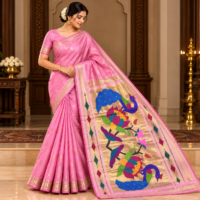 Royal Blush Pink Pure Silk Paithani Saree with Peacock Pallu