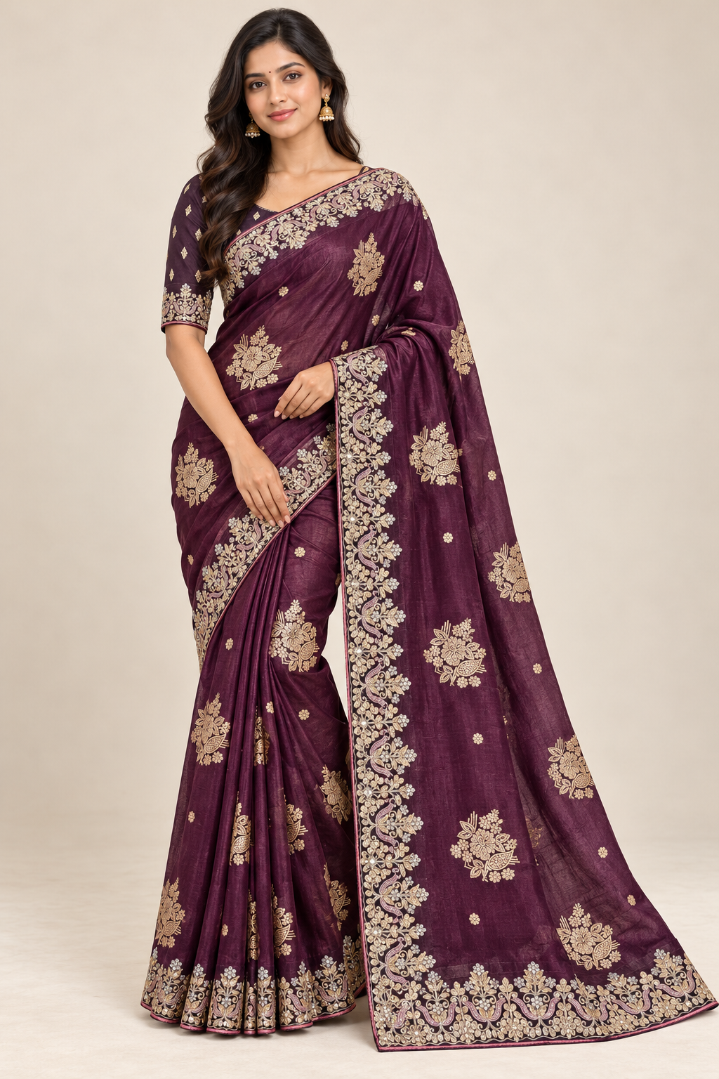 Model wearing a plum-purple saree with gold floral and paisley motifs, an ornate embroidered border and a matching purple blouse.