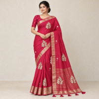 Model wearing a raspberry-pink Dola silk saree with leafy gota patti motifs, a gold woven border and matching blouse.