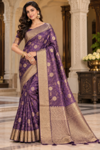Royal purple designer saree with golden floral motifs, rich zari woven pallu and matching unstitched blouse material with small gold border