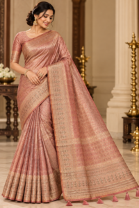 Dusty Rose Fancy Silk Saree with stone work, shimmer zari detailing and tassel pallu