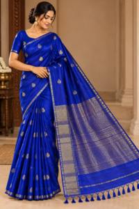 Royal blue Maheshwari silk saree with gold zari butti motifs and striped zari pallu