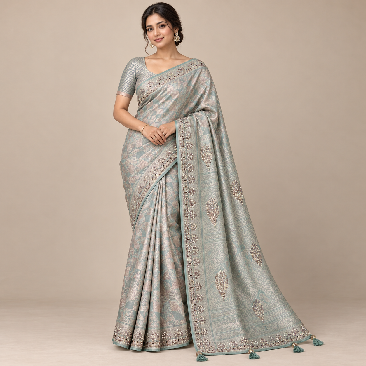 Model wearing a sea-green jacquard saree with a stonework border, embellished pallu and matching tassels.
