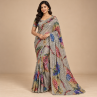 Model wearing a grey georgette saree with multicoloured feather-inspired print and all-over silver sequin mirror tikli work.