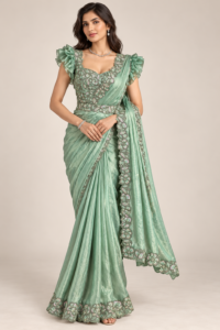 Model wearing a sage green ready-to-wear saree with a floral border and matching ruffle-sleeve blouse.