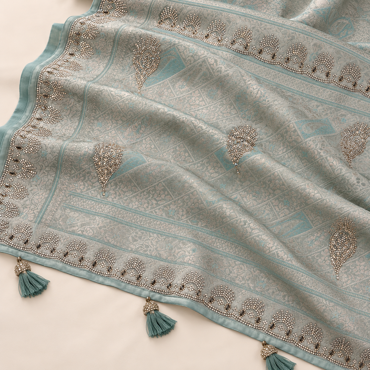 Designer Jacquard Saree with Stonework Border and Tassel Pallu - Image 2