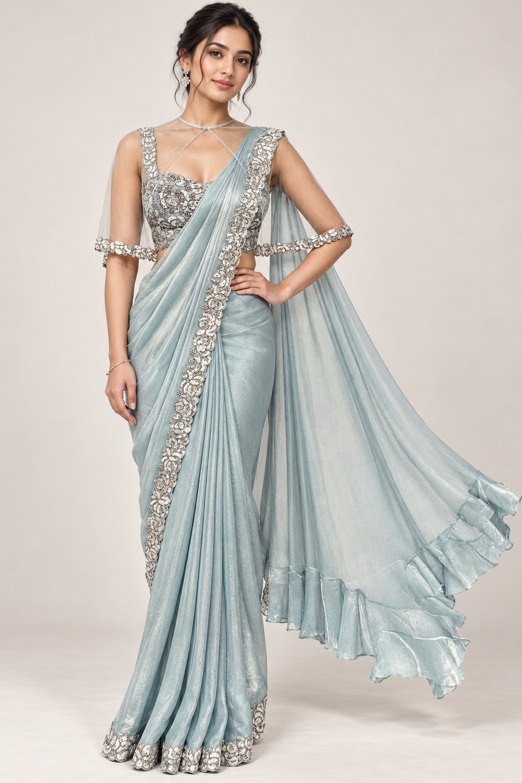 Ice Blue Ready-to-Wear Saree with Stitched Sequin Blouse