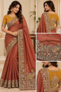 Rust copper designer saree with peacock embroidery, floral sequin work and ornate border – Godavari Designer Studio