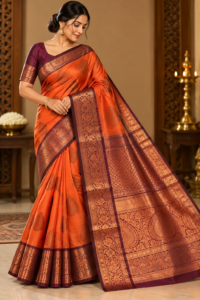 Kanjivaram semi silk saree with traditional woven motifs, contrast zari pallu and brocade blouse material
