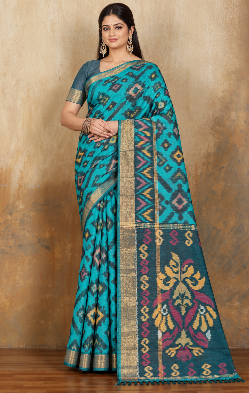 Model wearing a teal cotton semi Patola saree with a dark patterned pallu draped from the shoulder.