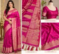 Rani pink Saturn Banarasi silk saree with gold zari motifs, traditional woven border and rich pallu